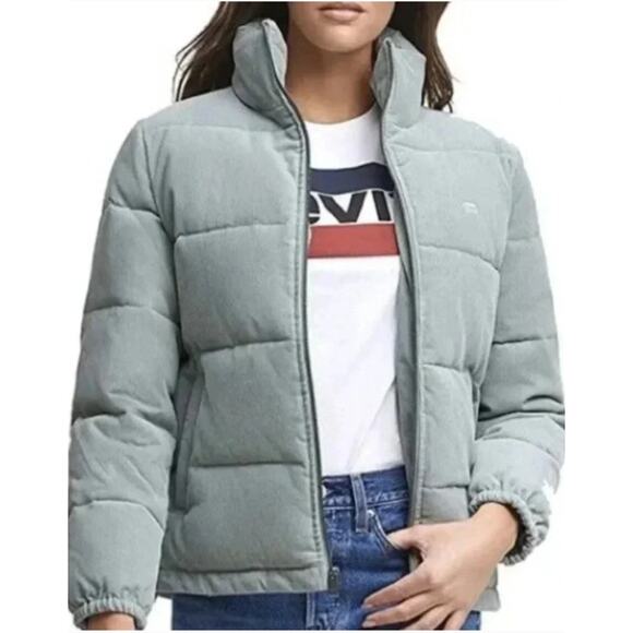 New Levi's Women's Corduroy Mint Green Stand Collar Puffer Zip up Jacket Medium - Picture 1 of 16